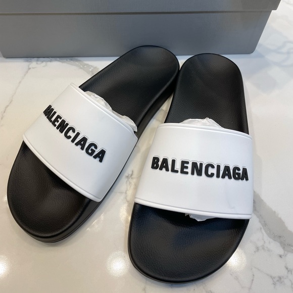 BALENCIAGA Women's Birublo Bicolor Logo Pool Slide Sandals 5 B/35 EU - Picture 7 of 14